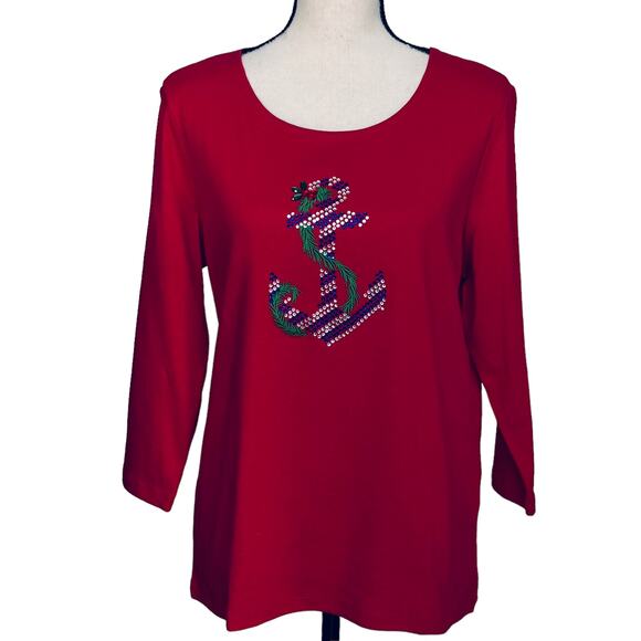 Karen Scott X-Large Top Holiday Anchor Festive Christmas 3/4 Sleeve Stretch New - Picture 1 of 9